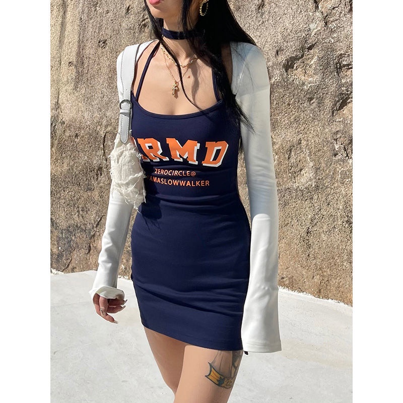 Đầm ôm chất mỏng không tay in họa tiết/ Áo dài tay phong cách Mỹ thời trang mùa xuân mới cho nữ H96Z