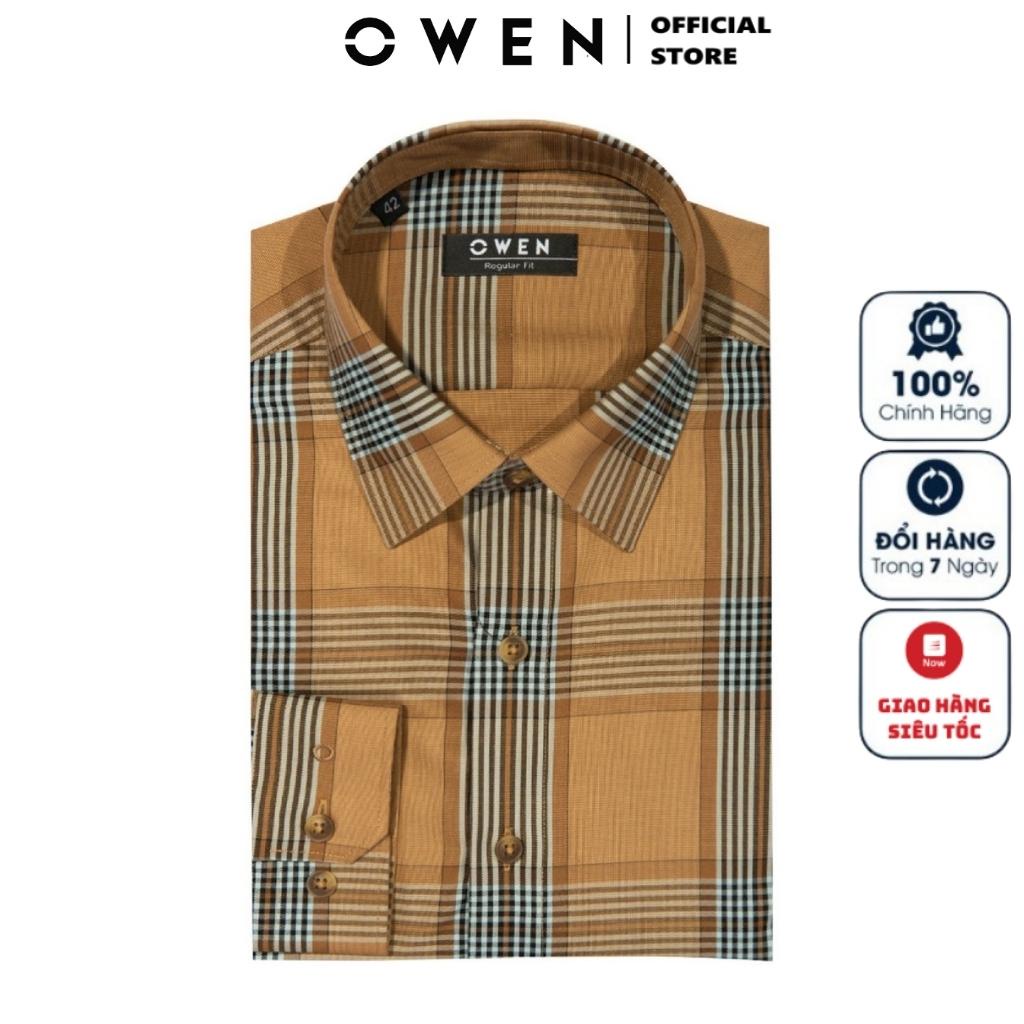 Áo Sơ Mi Nam Dài Tay OWEN AR220885D Somi Công Sở Vải Sợi Tre Cao Cấp Màu Kẻ Caro Nâu Đen Dáng Suông Tà Lượn Không Túi