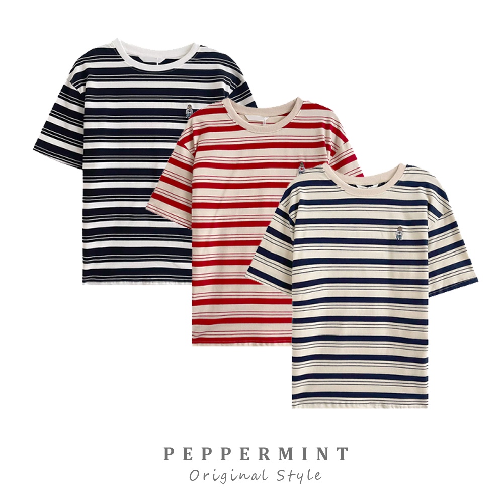 Áo Thun Tay Ngắn Cổ Tròn Kẻ Sọc Màu Sắc Tương Phản Thêu Hình Gấu 49853