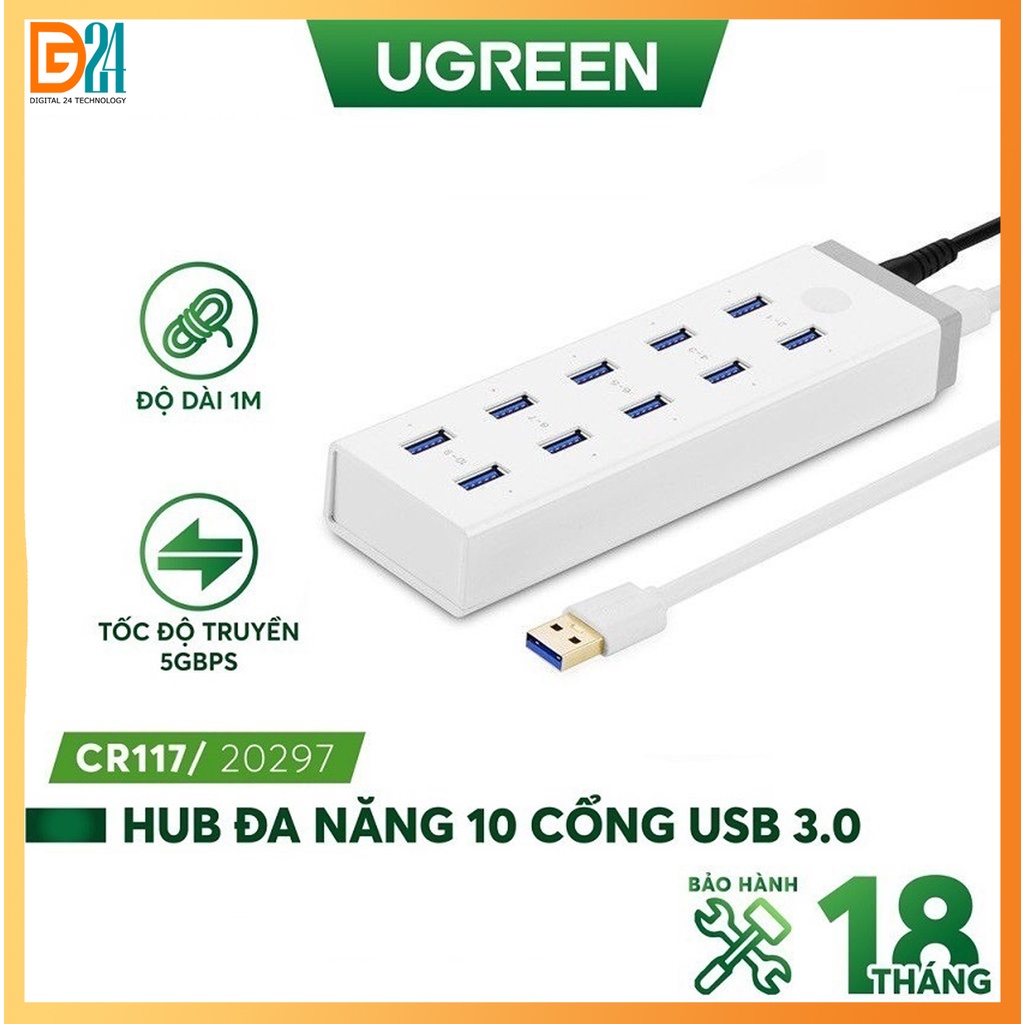 Hub Chia Sang 10 Cổng USB 3.0 Có Nguồn Đi Kèm - Chính Hãng Ugreen 20297