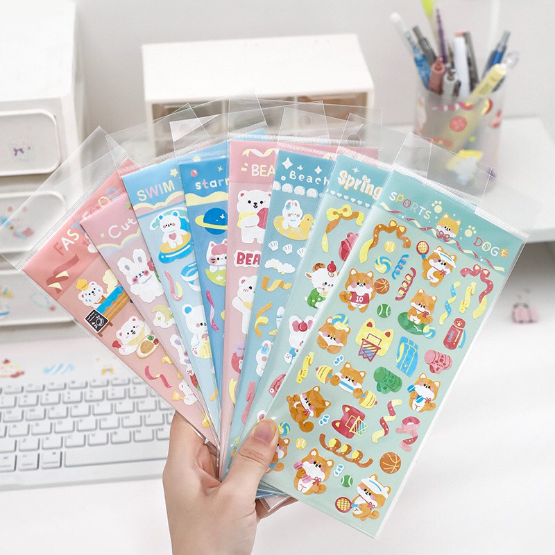 Hình dán sticker gấu em bé siêu cute lấp lánh trang trí sổ tay, máy tính, laptop, góc học tập