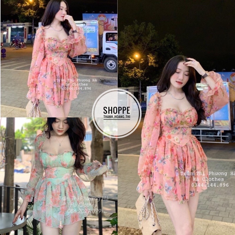 Váy Hoa Tơ Cúp Ngực Xoè Tầng Tay Dài Xinh Xắn(Ảnh Thật)