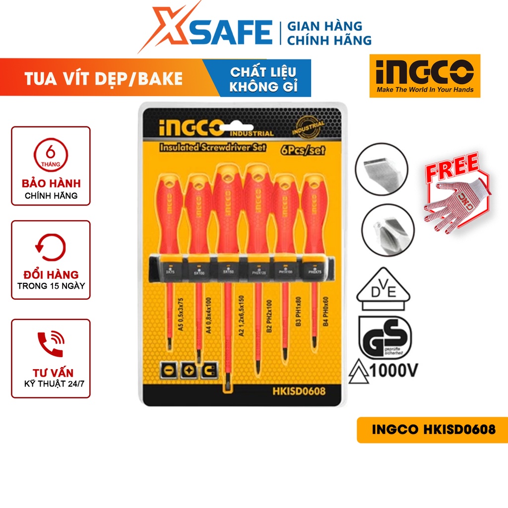 Bộ 6 tua vít cách điện 1000V INGCO HKISD0608 tay cầm mới Bộ tuốc nơ vít đa năng chui tròn cách điện