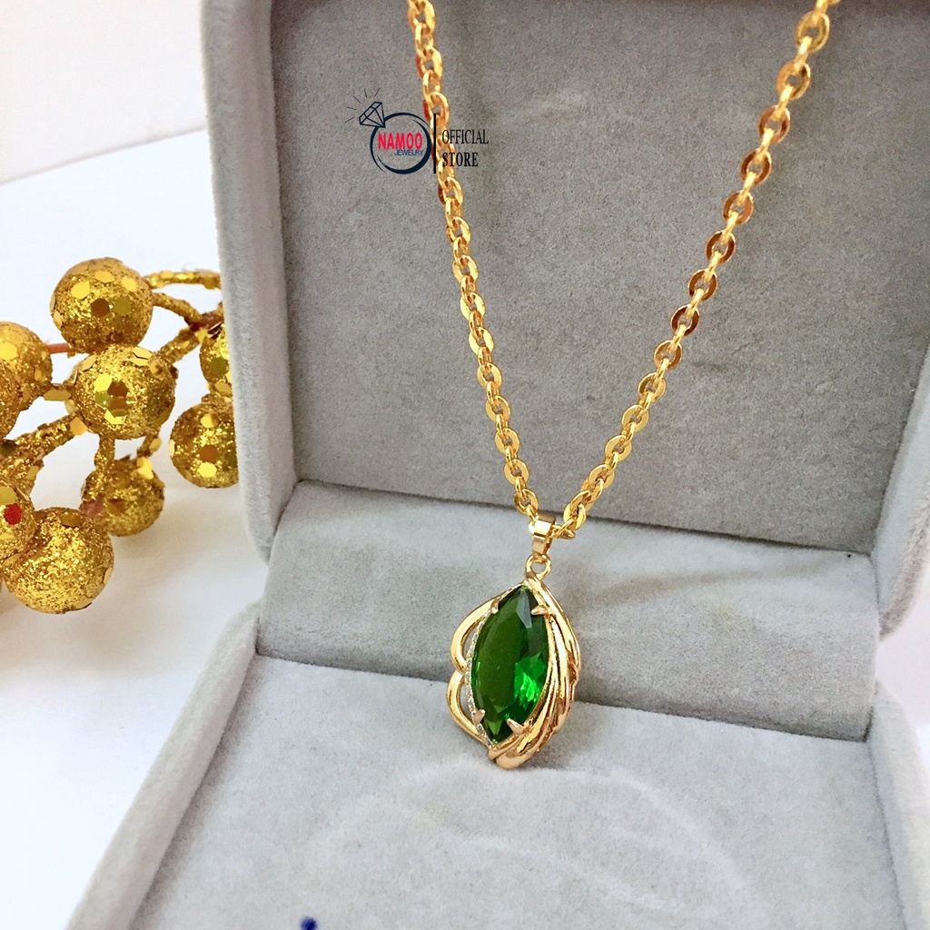 Dây Chuyền Nữ V861 Mặt Đính Đá Xanh lá Kết Hợp Dây Xích Nhỏ Dài Dây 45cm Namoo Jewelry