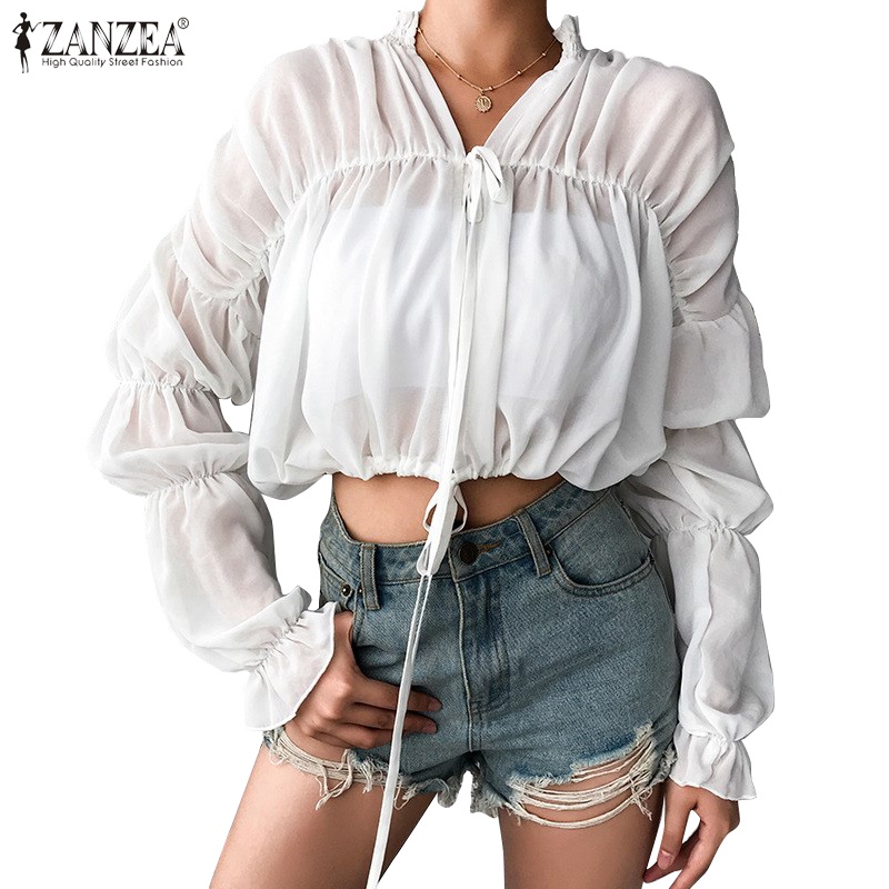 Áo kiểu ZANZEA tay phồng dài xếp ly cổ đứng phối dây rút thời trang cho nữ