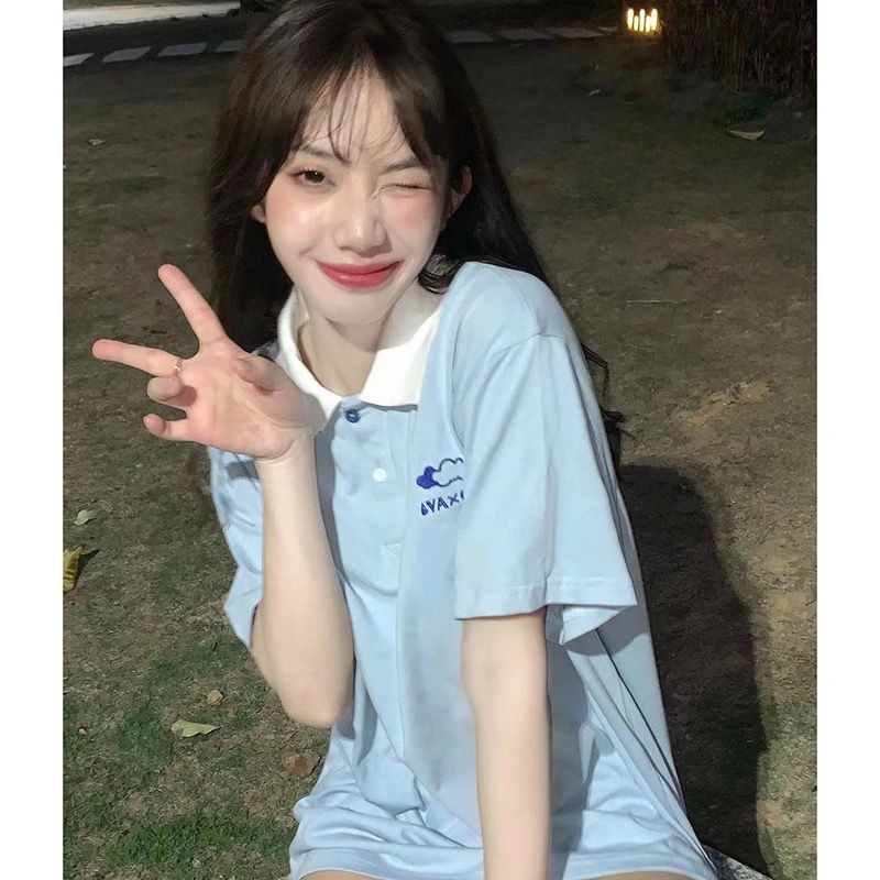 Korean style retro College Style young polo collar cloud loose short-sleeved T-shirt women's ins half-sleeved T-shirt student fashion