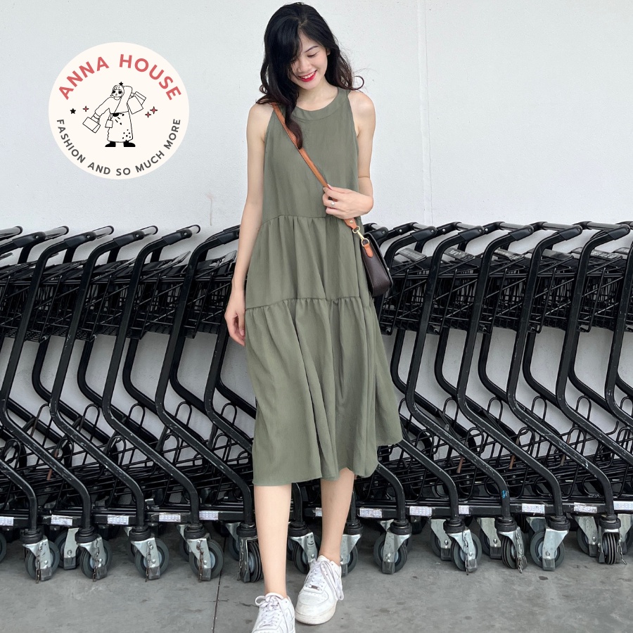 Váy maxi suông dài dáng xòe chất đũi cổ yếm ba tầng form rộng, Đầm maxi đi biển ba lỗ cổ tàu sát nách dáng suông dài