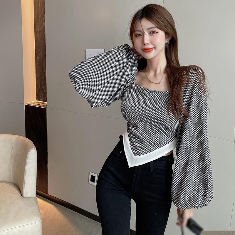 Áo croptop tay dài cổ vuông họa tiết kẻ caro thiết kế độc đáo phong cách retro Hàn Quốc cho nữ