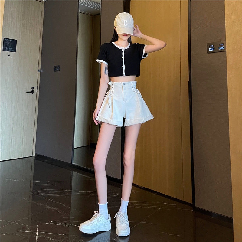 Quần Short Denim Nữ Cạp Cao Ống Rộng Thắt Dây Mùa Hè Hàn Quốc Mới
