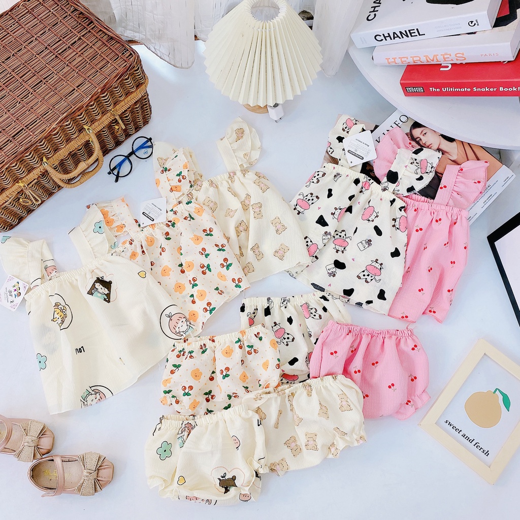 AV20 Bộ Áo Váy 2 Dây Cánh Tiên Hoạ Tiết Hoa Quả Cho Bé Chất Liệu Vải Đũi Nhăn Đủ Size Từ 8-18Kg VNXK Nhật-Hàn