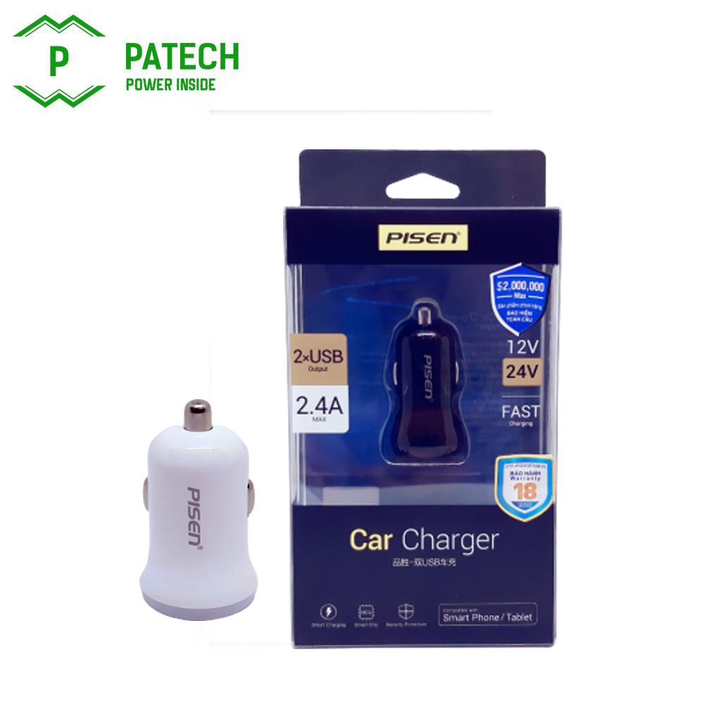 [Mã 2404EL10K giảm 10K đơn 20K] Cốc sạc PISEN Dual USB Car 2.4A (12W, FAST ) - Hàng chính hãng