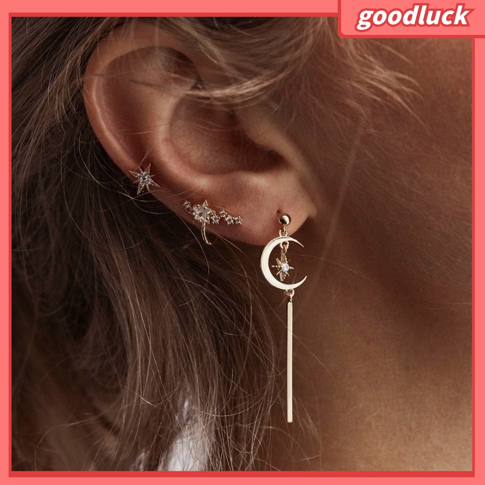 Set 3 Khuyên Tai Xỏ Hình Mặt Trăng / Ngôi Sao Đính Đá Thời Trang Cho Phụ Nữ