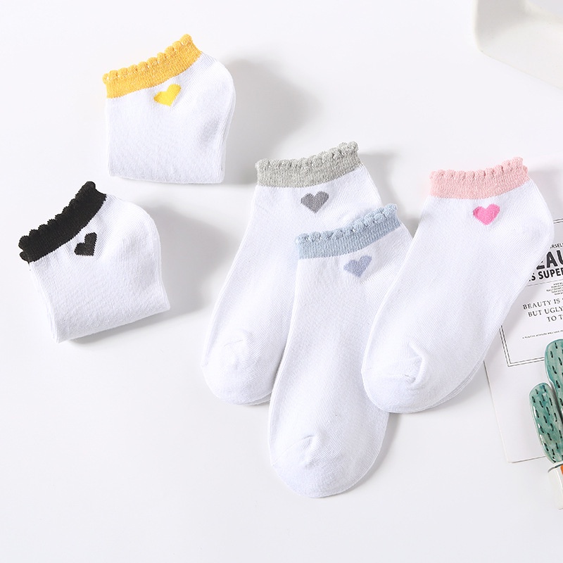 Tất Nữ, Vớ Nữ Cổ Ngắn Họa Tiết Hình Trái Tim Tone Màu Trắng Dễ Thương Vải Cotton Thoáng Khí