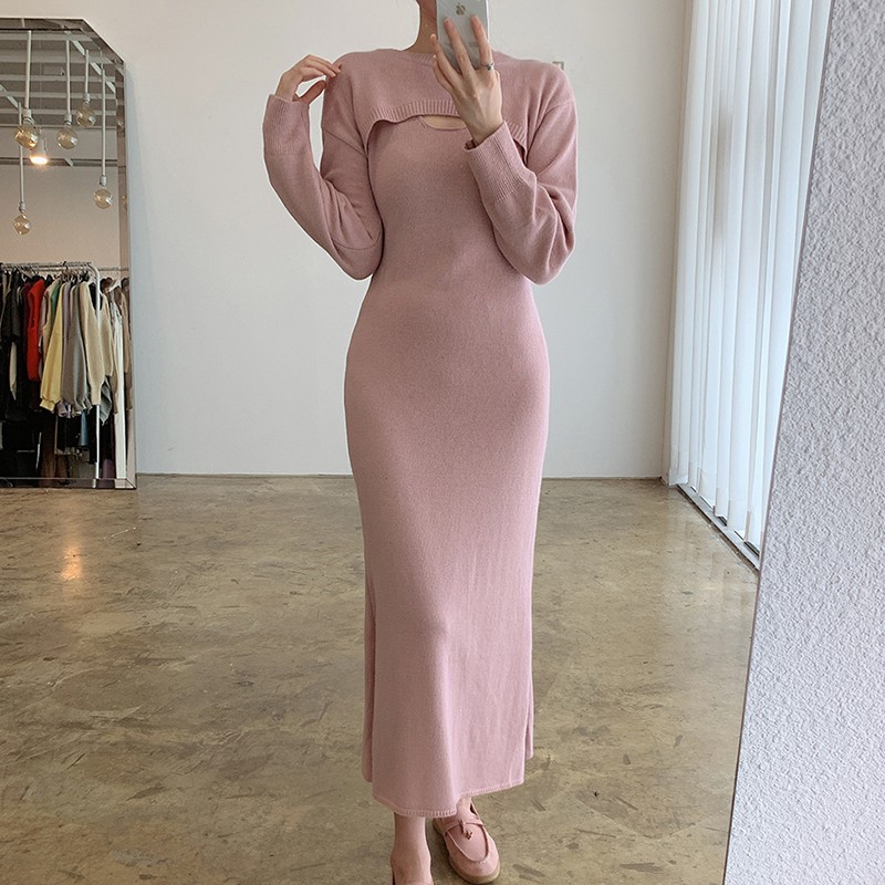 Set Áo Len Dài Tay + Đầm Hai Dây Xẻ Tà Thời Trang Nữ