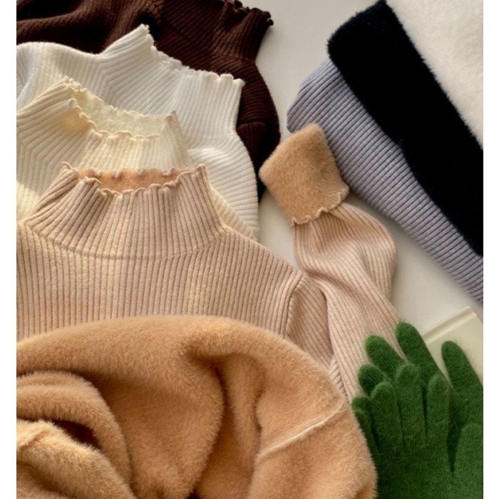Áo Sweater Dệt Kim Tay Dài Cổ Lọ Lót Nhung Giữ Ấm Thời Trang Mùa Đông Cho Phái Nữ