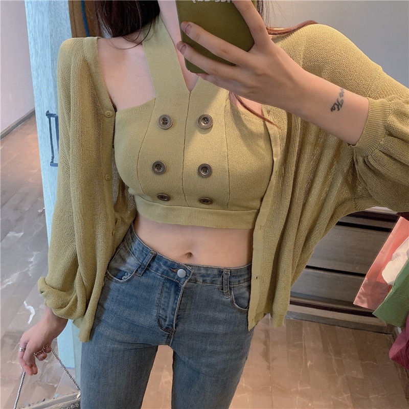 Áo Dệt Kim Hai Dây Sát Nách Lưng Cao Thời Trang Mùa Hè Cho Nữ