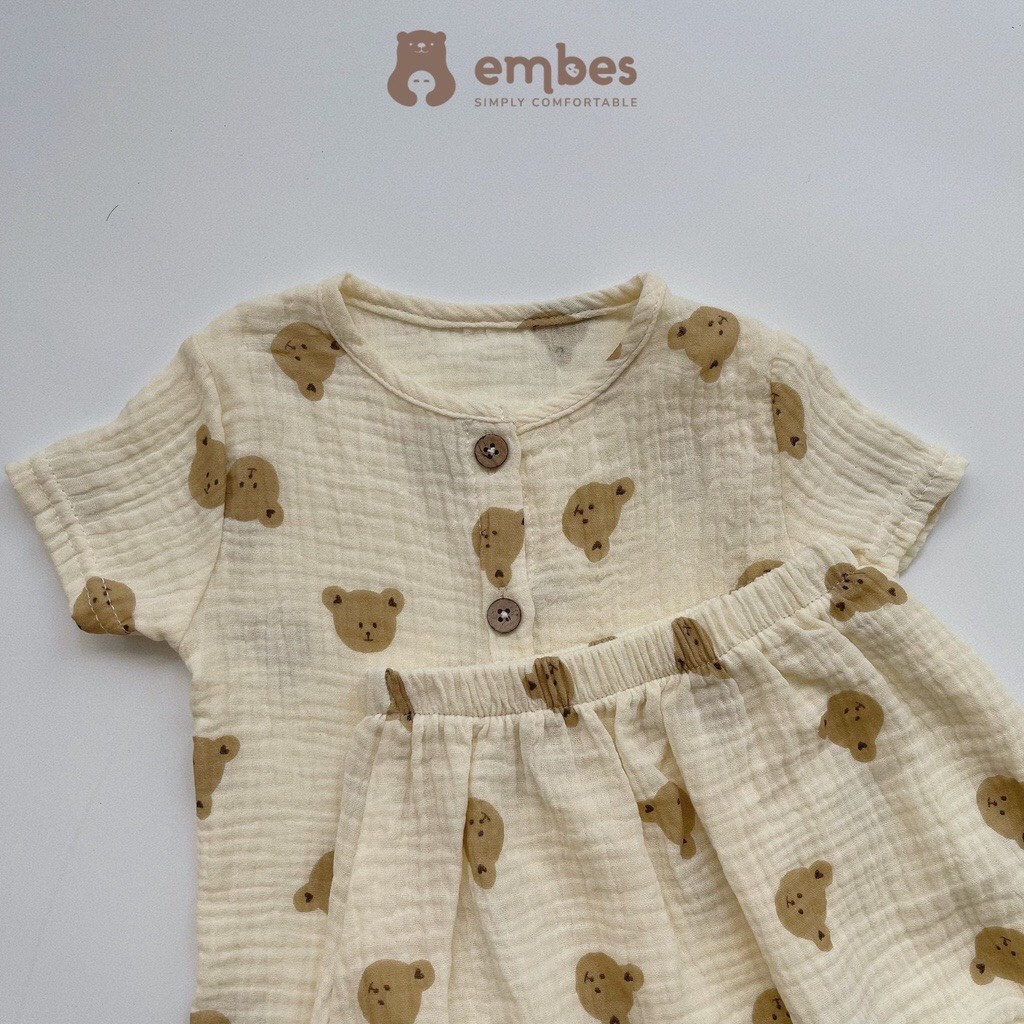 Bộ quần áo vải đũi hình gấu cho bé