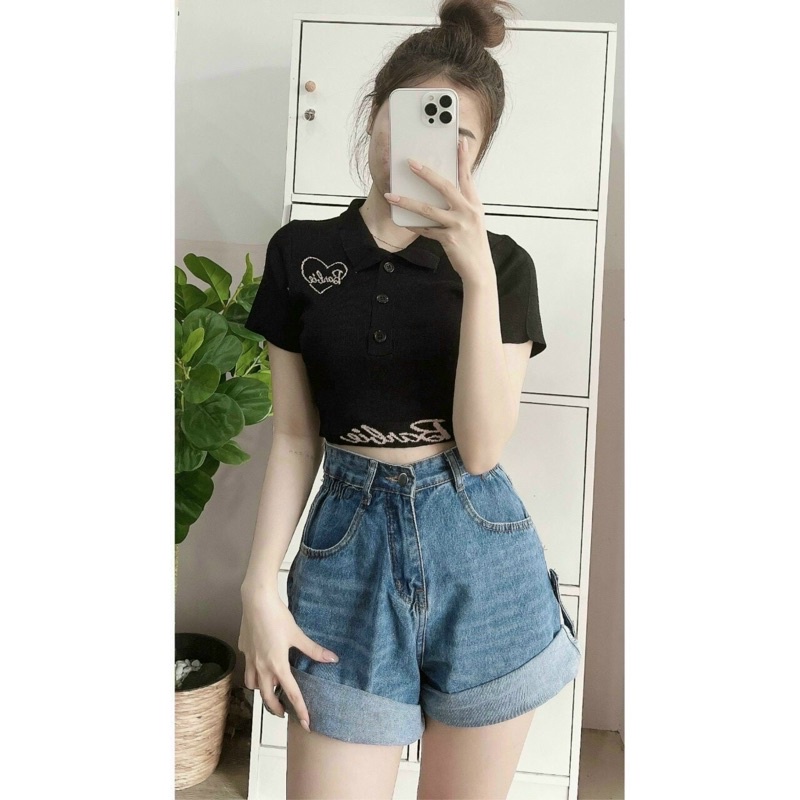 [L2M] Áo len nữ Montoghi dệt kim Quảng Châu Barbie CROPTOP cổ bẻ in hình trái tim cộc tay cực xinh
