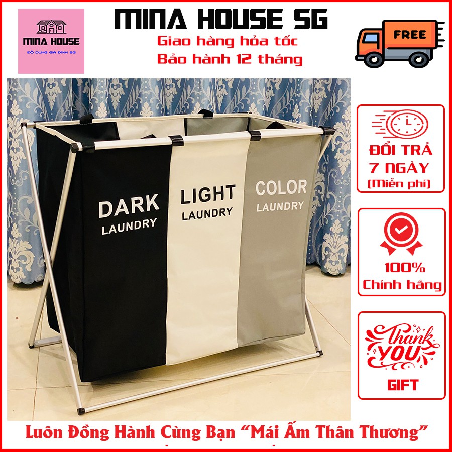 Giỏ đựng quần áo giặt nhiều ngăn phân loại quần áo, Túi đựng quần áo bẩn khung nhôm, Sọt đựng quần áo MINA HOUSE SG