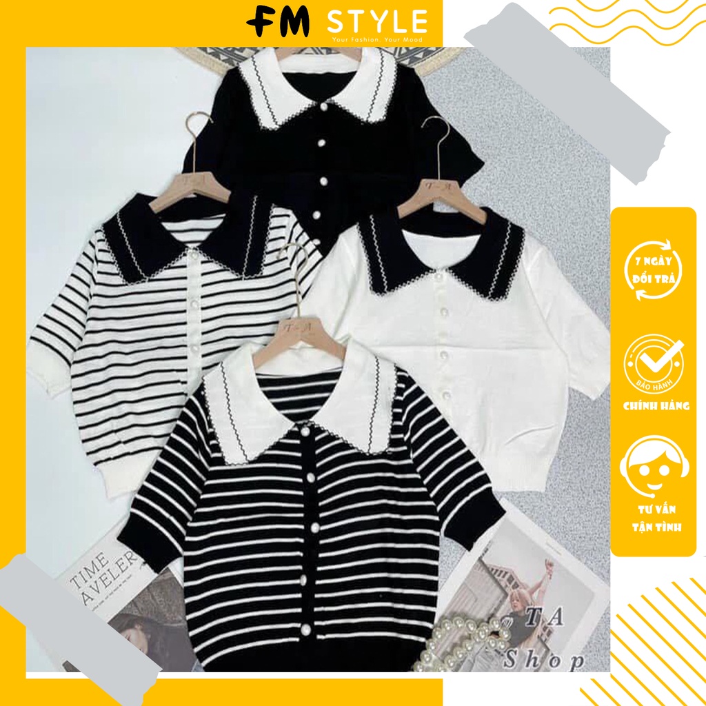 Áo kiểu nữ FM Style polo chất len tăm tay ngắn hoạ tiết sọc thời trang thanh lịch hàn quốc 211002001