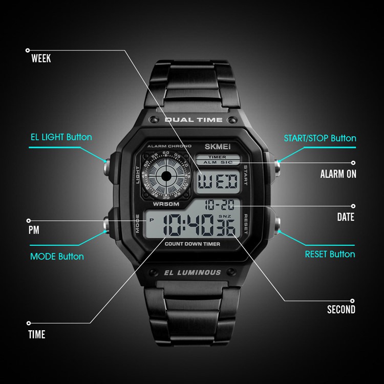 Đồng hồ điện tử nam phong cách thể thao World Time 1200AE đa chức năng dây thép không - Vemz Watches