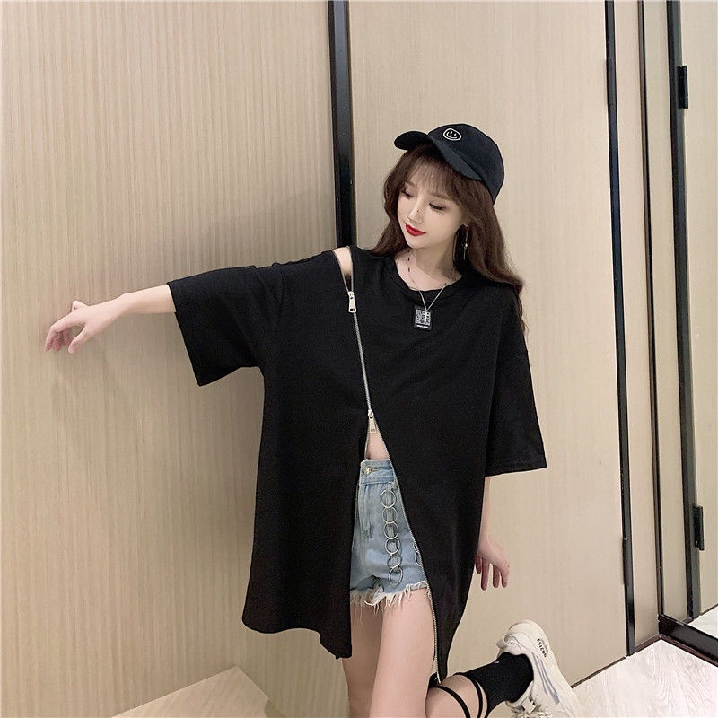 Áo thun ngắn tay dáng rộng xẻ tà thời trang mùa hè dành cho nữ