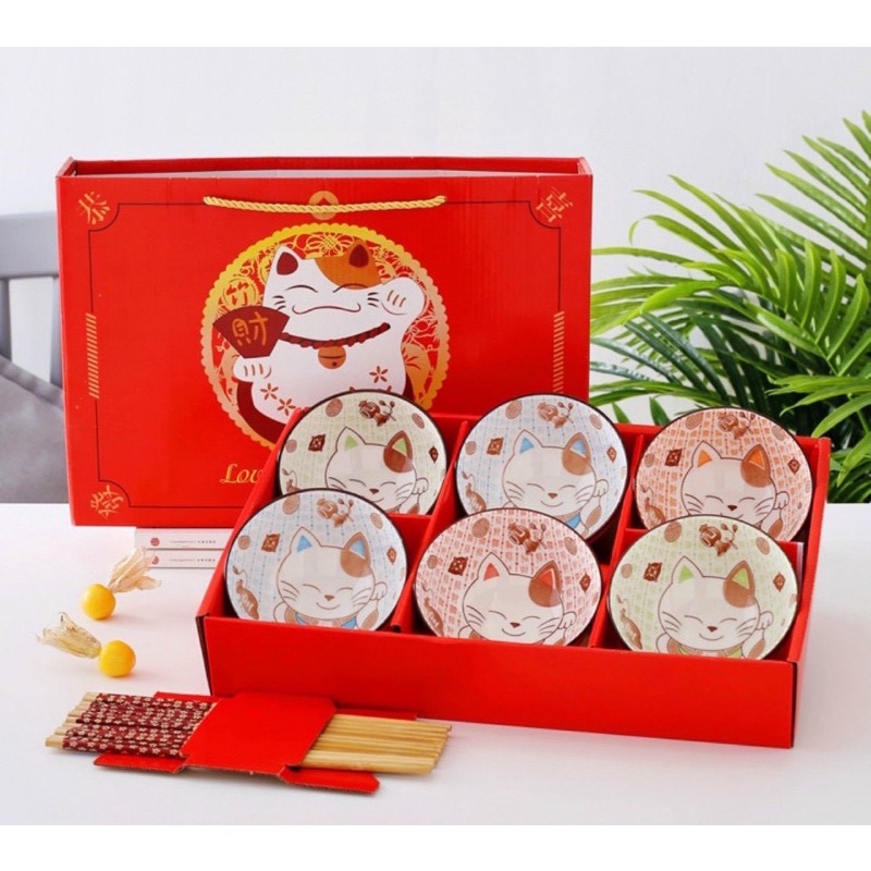 Bộ 6 chén gốm sứ hình hoạ tiết con vật dễ thương - Tặng kèm hộp có quai xách sang trọng