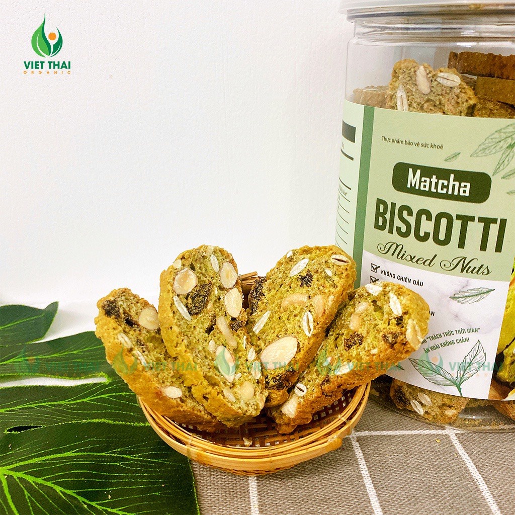 Bánh Biscotti Matcha giảm cân ăn kiêng heathly 100% nguyên cám, siêu hạt ăn sáng dinh dưỡng Việt Thái Organic