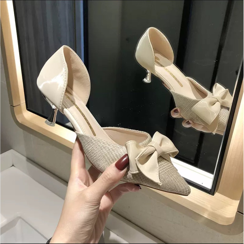 Giày Cao Gót Nữ GD99 Cót Cao 5cm, Mũi Nhọn Miệng Cạn Đính Nơ Xinh Xắn,có 2 màu Vàng & Be, Size 35-39 Thời Trang Nữ 2021