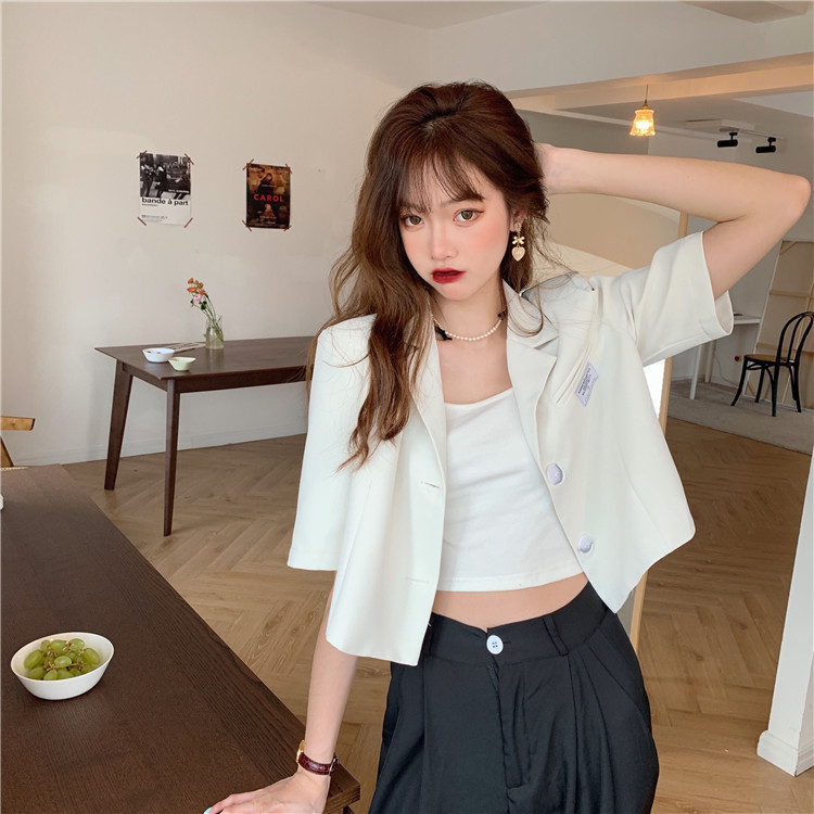 Áo blazer nữ tay ngắn hàn quốc 2021, Áo blazer croptop nữ đẹp mùa hè màu đen trắng cổ V thời trang