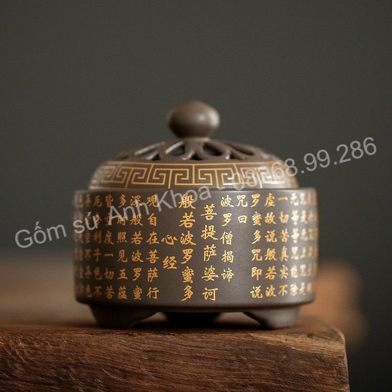 Bộ Lư Xông Trầm Hương Đỉnh đốt nhang bằng gốm sứ tử sa cao cấp nền hoa gấm