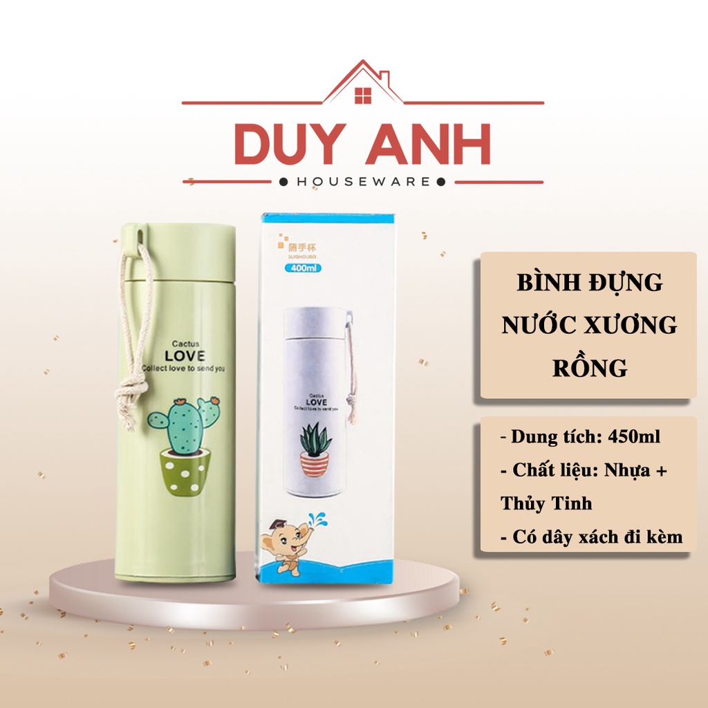 Bình đựng nước lõi thủy tinh họa tiết xương rồng dễ thương dung tích 400ml - Bình giữ nhiệt họa tiết xương rồng (BXR10)