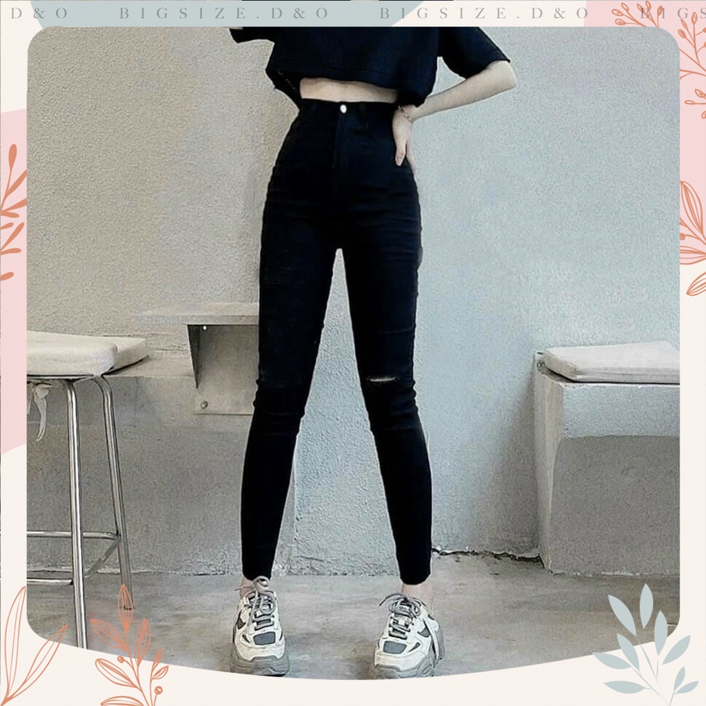 [Bigsize 58-90kg] Quần Skinny Jean Đen Rách 1 Gối, Lưng Siêu Cao, Co Giãn Mạnh