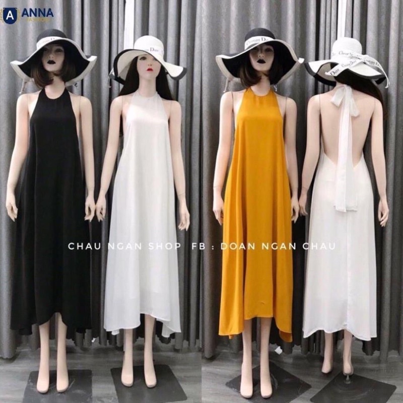 Đầm hai dây cổ yếm maxi 2 lớp quyến rũ