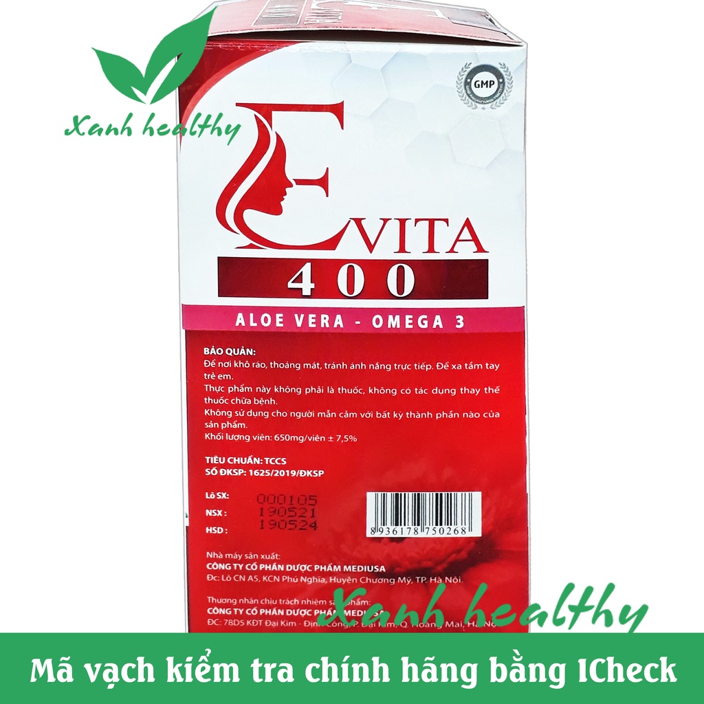Vitamin E Vita 400 - thành phần Cao lô hội, omega 3, vitamin E đỏ - Giúp giảm lão hóa, cấp ẩm da, da sáng mịn- Hộp 60V