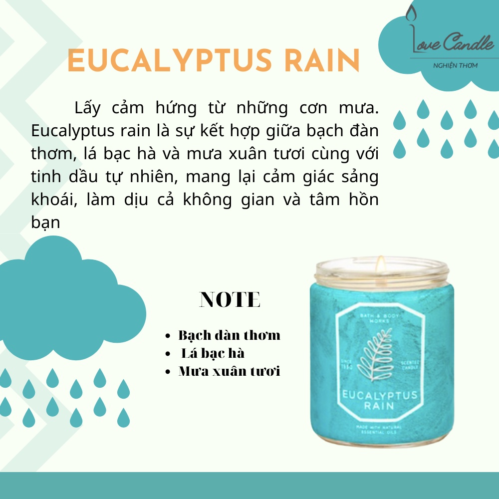 < BBW USA > Nến thơm Bath & Body Works EUCALYPTUS RAIN 1bấc 198g ( shop giao vỏ nến ngẫu nhiên )