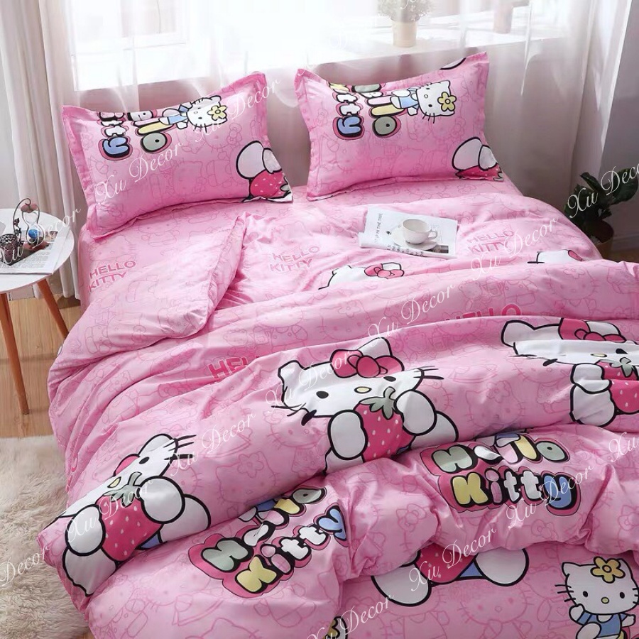 Bộ Vỏ Chăn Ga Gối Cotton Poly Nhập Mẫu HELLO KITTY.Chăn Ga Gối Mền Gia Đình Siêu Sang-Sịn-Mịn. Xu Decor.