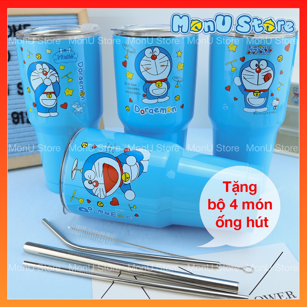 Ly giữ nhiệt hình DORAEMON dễ thương inox 304 an toàn tặng kèm bộ ống hút 4 món