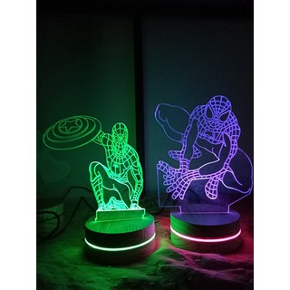 Đèn led 3d hình người nhện đế gỗ điều khiển 16 màu-quà tặng độc đáo