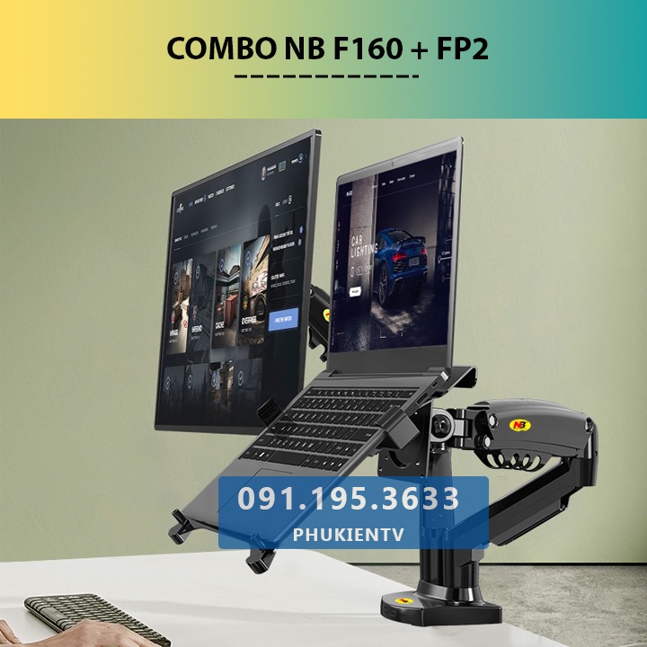 COMBO Giá Treo Màn Hình NB F160 17 - 27 Inch / NB F80  Kèm Kẹp Đỡ Laptop FP2 10 - 17 Inch Chính Hãng NB