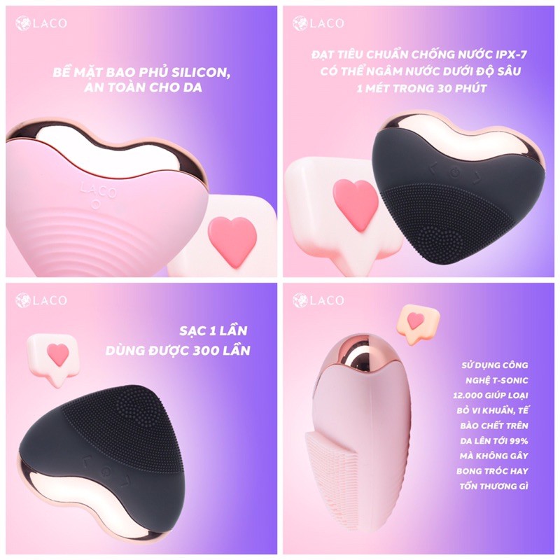Máy rửa mặt LACO LUXURY/độc quyền toàn cầu/hình trái tim/làm sạch sâu/massage/nâng cơ/giảm nọng cằm | BigBuy360 - bigbuy360.vn
