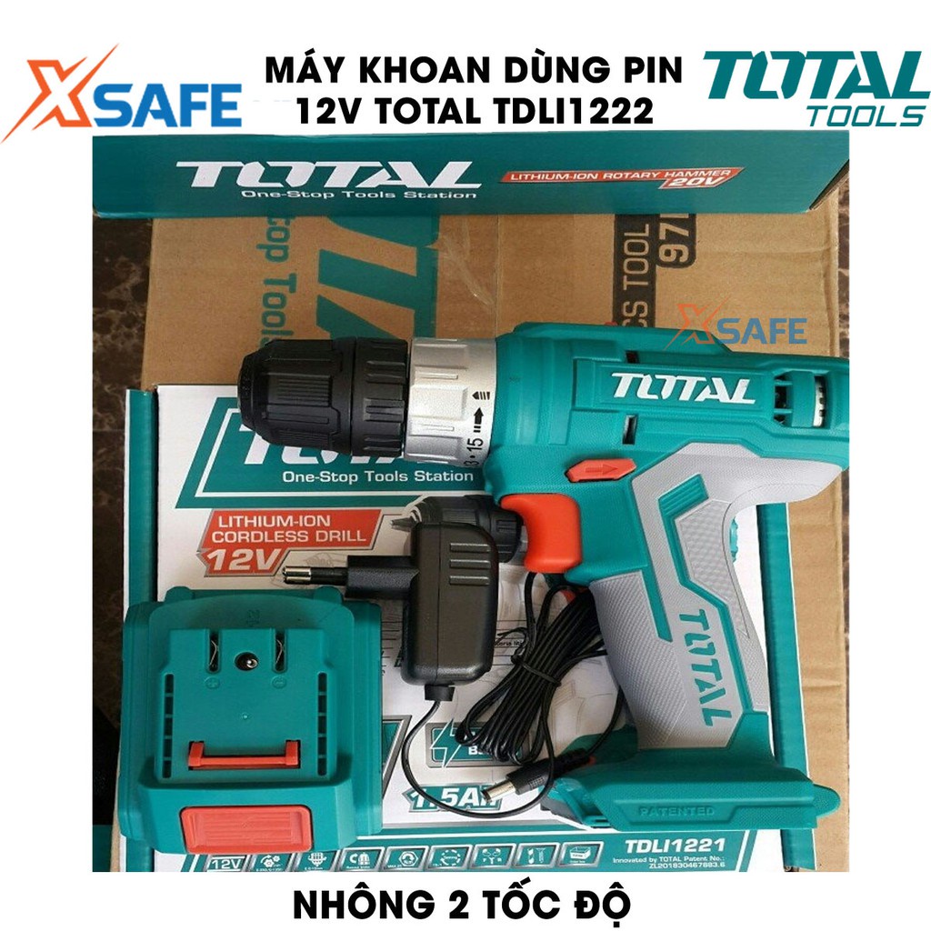 Máy khoan pin cầm tay 12V 10mm Total TDLI1222 tốc độ 1350v/p, lực siết 25nm, khả năng khoan 10mm, nhông 2 tốc độ - xsafe