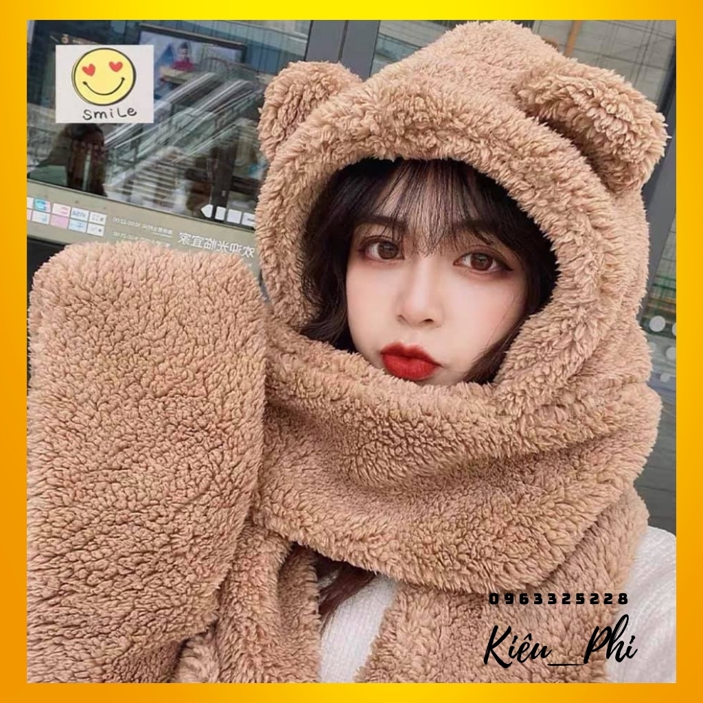 Mũ lông Cừu tai gấu kèm khăn quàng cổ và sỏ tay - mũ tai gấu siêu ấm áp, đáng yêu Loại dày dặn, bông nhiều