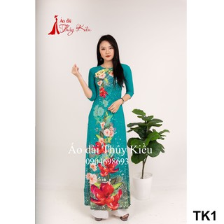 Áo dài Thúy Kiều in 3D lụa Nhật xanh ngọc hoa đỏ K26 MP2