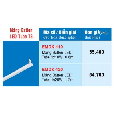 COMBO 10 CÁI - MÁNG ĐÈN BATTEN LED TUBE T8 BÓNG ĐƠN MPE EMDK-110 (60CM), EMDK-120 (1M2)