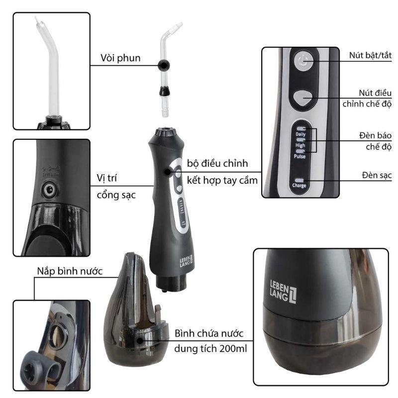 Máy tăm nước LEBENLANG cầm tay LBT1486 chống thấm IPX7, tặng kèm đầu xịt và túi vải đựng máy cao cấp - hàng chính hãng