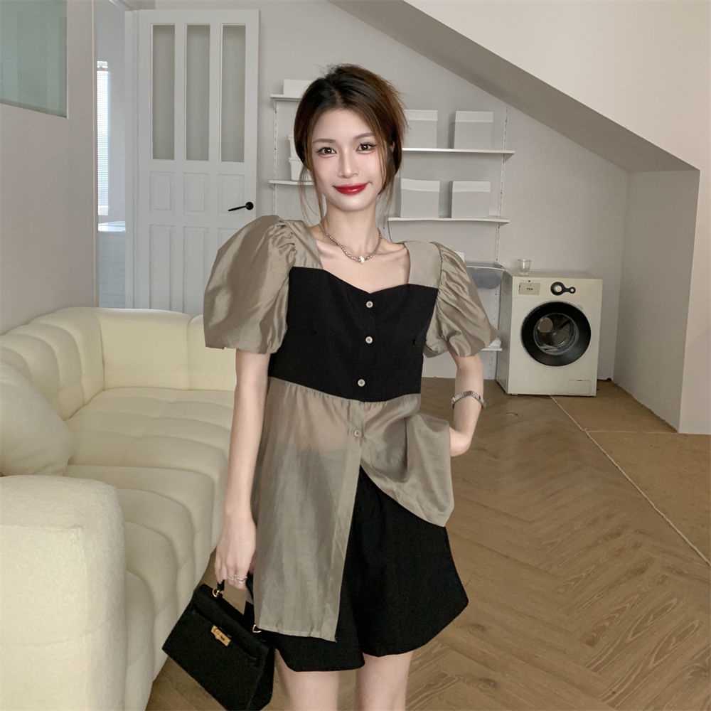 Bộ Áo Tay Phồng Cổ Chữ V Phối Cà Vạt + Quần Short Lưng Cao Ống Rộng Thời Trang 2022