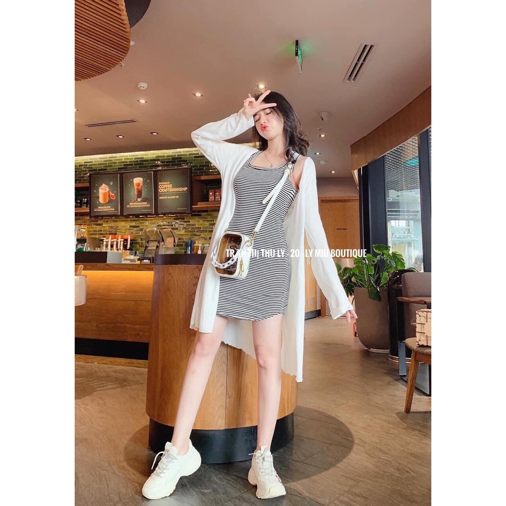 Set trang phục đầm sọc dáng ôm ba lỗ + áo khoác cardigan trắng