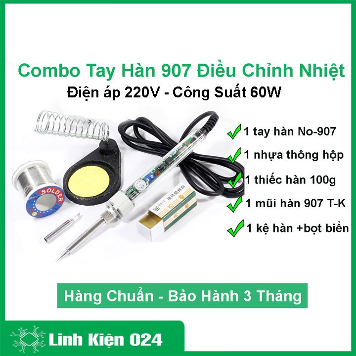 Combo Mỏ Hàn 907 220V-60W và 5 Món Phụ Kiện ( Mũi Hàn Dao, Kệ Hàn, Bọt Biển, Thiếc OK, Nhựa Thông )