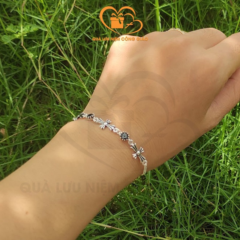Chuỗi mân côi ,lắc tay nữ hình Thánh giá chất liệu bạc trẻ trung Quà Lưu Niệm Công Giáo